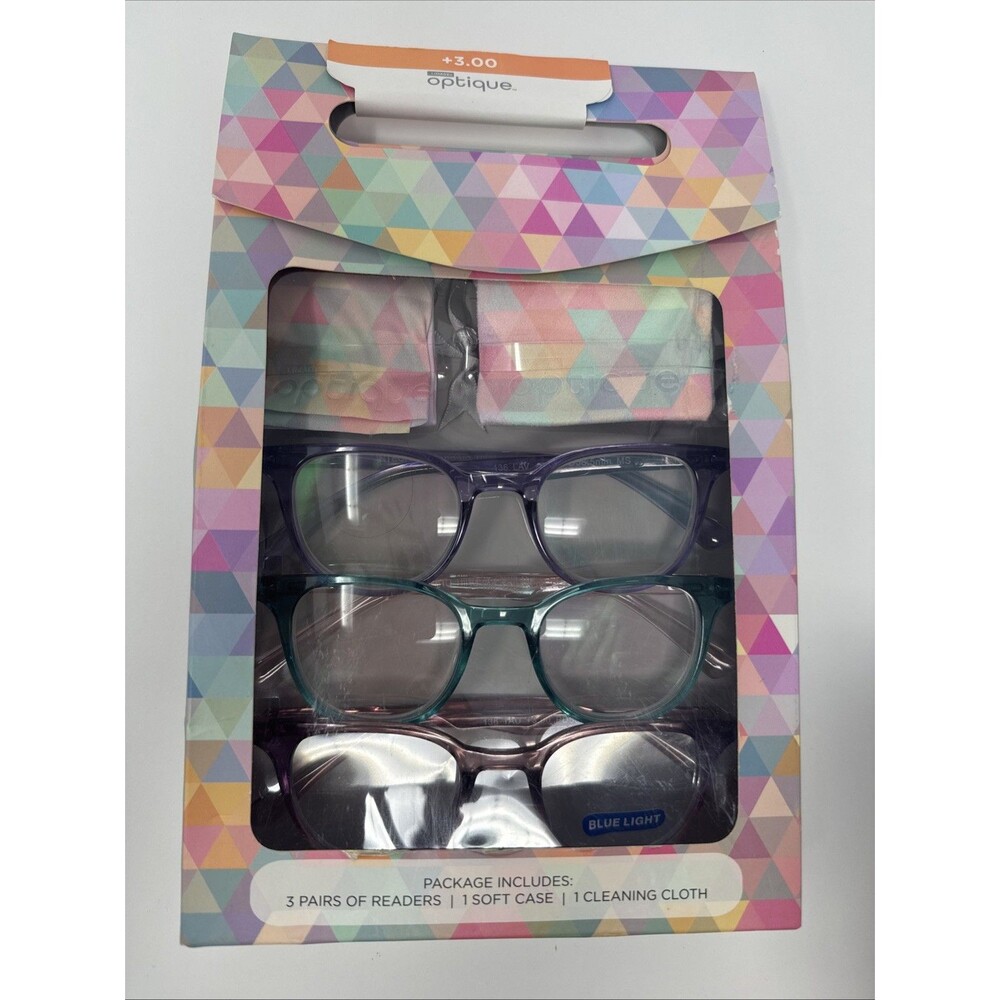 Optique Readers +3.00 3 Pair, One Blue Light Soft Case Cleaning Cloth NEW